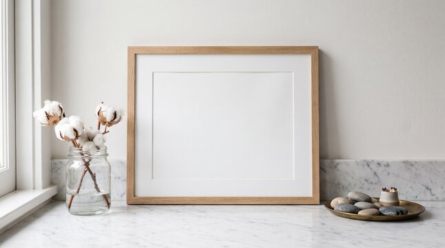 Blank square wooden picture frame mockup standing on white marble countertop near window, minimalist home decor styling with cotton branches in glass jar and stones on brass tray