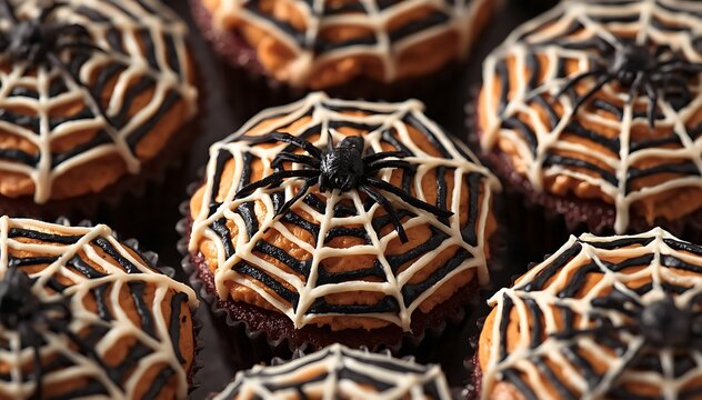 Black spider sitting in a detailed web against textured background