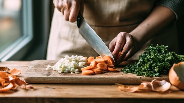 Chef cutting fresh carrots and vegetables on a wooden cutting board.