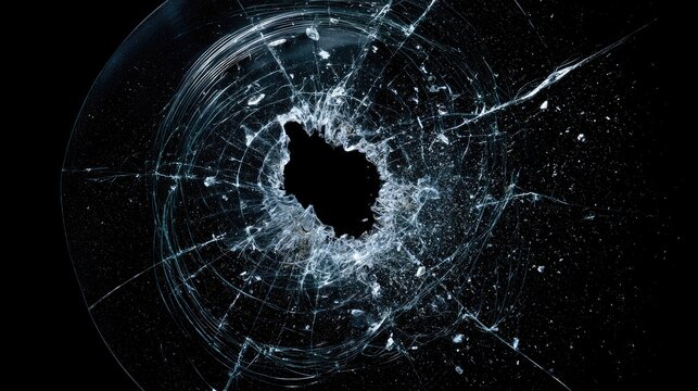 Abstract texture of a bullet hole impact on shattered glass.