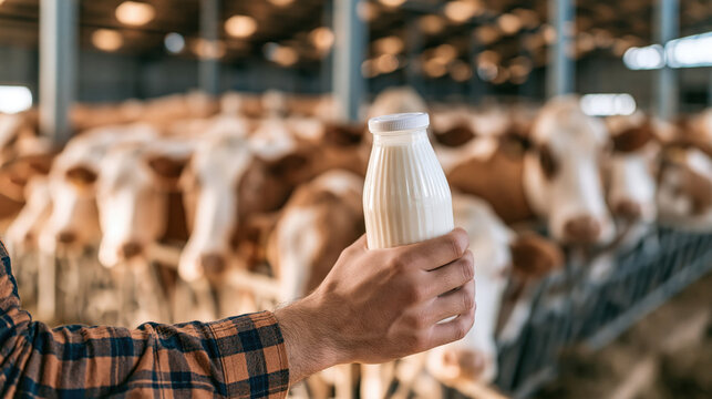Milk bottle dairy farm cow herd farmer hand fresh milk agriculture livestock barn dairy cattle rural