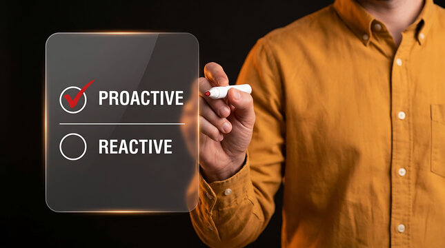 Man choosing proactive over reactive concept with futuristic interface display