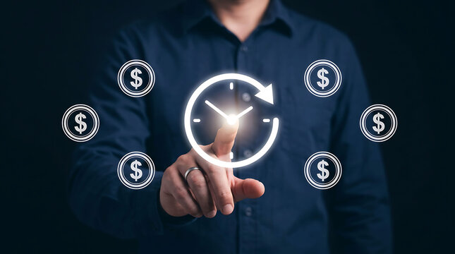Businessman touching time and money management icon concept for financial growth
