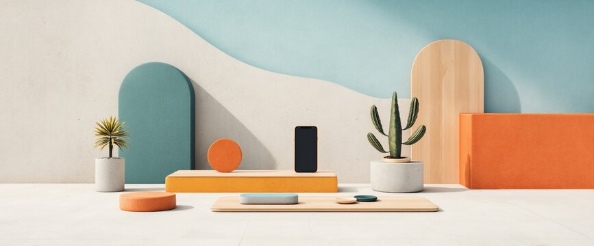 Minimalist scene with geometric shapes, phone, plants, and warm color palette. Background features abstract designs