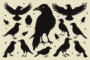 Naklejka premium Silhouettes of crows and ravens in various poses with autumn leaves and background.