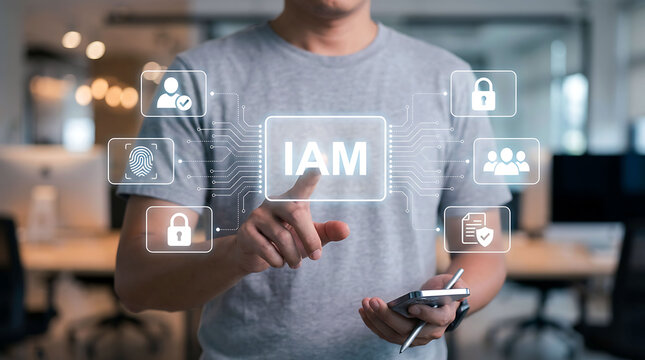 Man touching IAM identity and access management security interface in office