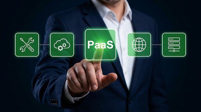 Businessman pointing at a digital PaaS platform cloud computing interface screen