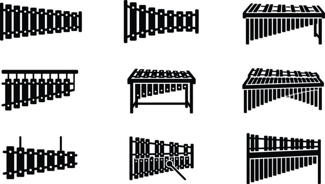 Xylophone and marimba musical instruments outline icons set featuring various percussion models isolated on a clean white background