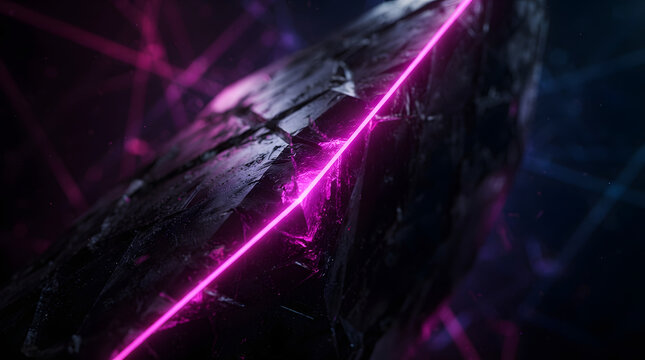 Dark textured rock formation glowing with magenta light streak cutting across the frame neon glow energy beam glowing laser abstract texture sci