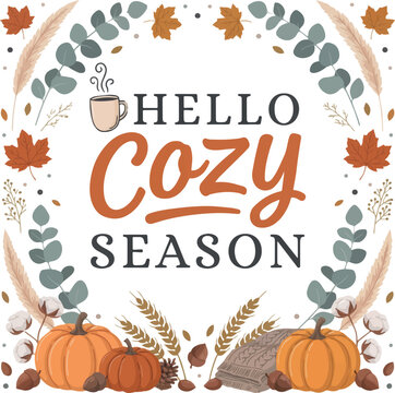 Autumn Fall Quotes Vector Wreath Bundle with Pumpkins, Leaves, Sweater Weather, Cozy Season Typography, and Thanksgiving Floral Frame Illustrations