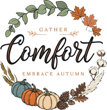 Autumn Fall Quotes Vector Wreath Bundle with Pumpkins, Leaves, Sweater Weather, Cozy Season Typography, and Thanksgiving Floral Frame Illustrations