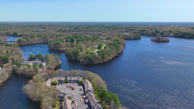 Watson Pond and Lake Sabbatia aerial view in spring in Watson Pond State Park in city of Taunton, Bristol County, Massachusetts MA, USA. 