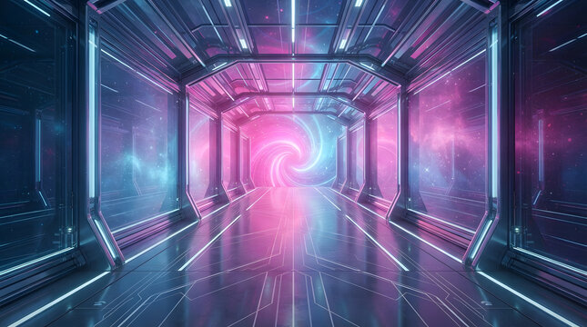 Futuristic metallic tunnel with glowing blue lights leading to a pink and blue swirling portal neon lights sci fi corridor dimensional vortex futuristic hal