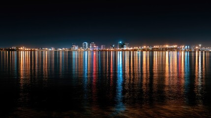 Fototapeta premium Nighttime Urban Skyline Reflection on Calm Water Surface at Dusk