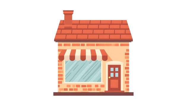 Charming brick storefront shop with striped awning and chimney, flat vector illustration, isolated on white background
