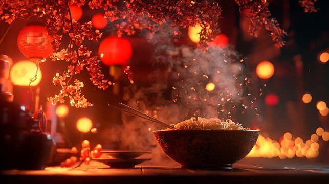 Delicious steaming noodles in a bowl, festive ambiance