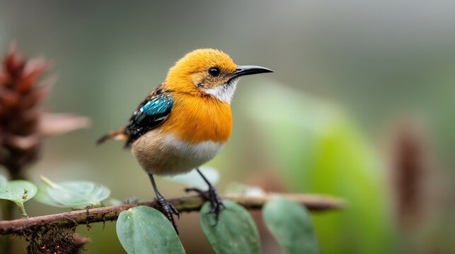 Brightly colored songbird perches on a branch, showcasing vibrant plumage