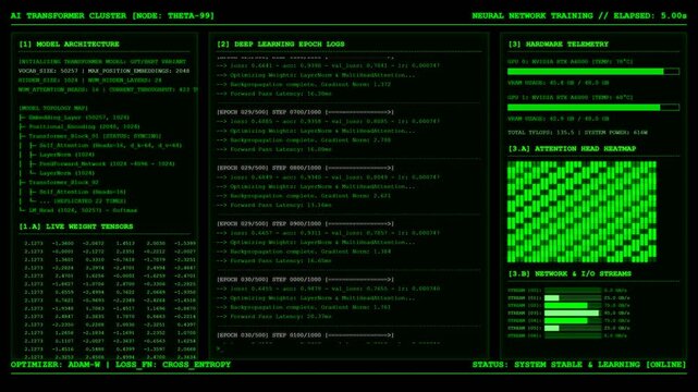 AI transformer cluster GPU hardware telemetry training terminal screen.
