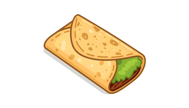 Flat vector illustration of a stuffed burrito wrap with fresh filling, isolated on a plain white background, cartoon style