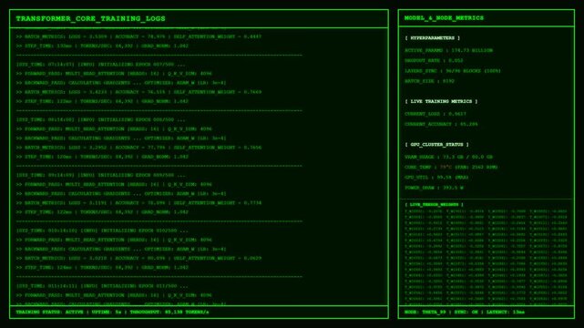 Transformer core AI training GPU cluster terminal screen.