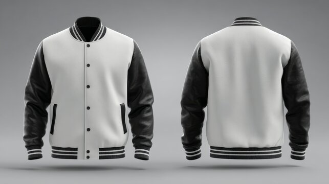 Blank varsity bomber jacket mockup with leather sleeves, front and back view of classic college letterman coat template for apparel design presentation, sportswear branding, fashion clothing customiza