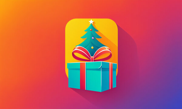 teal gift box with red ribbon under christmas tree and large red bow on orange pink gradient