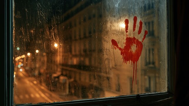 A bloody handprint on a rainy window at night with city street lights.