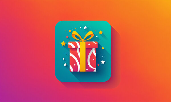 flat colorful illustration of a red gift box with white swirls and a yellow ribbon inside a teal rounded square surrounded by stars on a purple and orange gradient