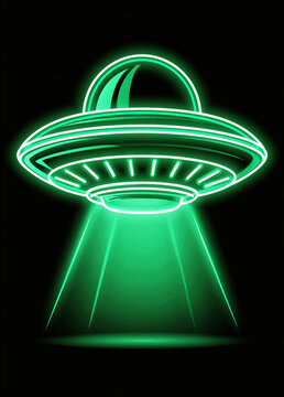 Neon green alien spaceship glowing in dark background with beam light and outline minimal sci fi icon