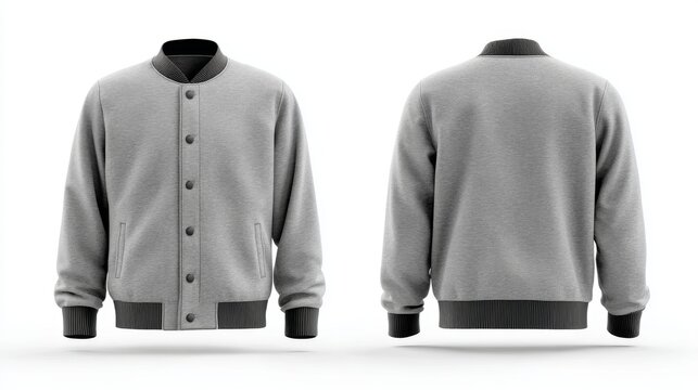 Grey baseball bomber varsity jacket front and back view isolated on white background, classic college letterman sports jacket mockup template for custom branding, team uniform design, apparel presenta