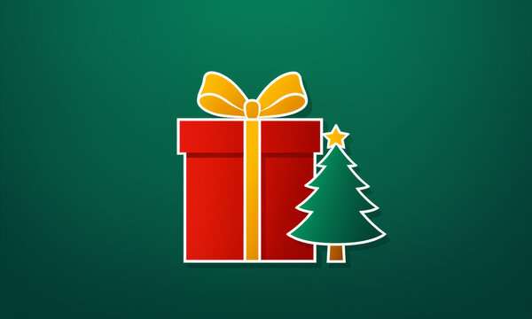 red gift box with yellow vertical ribbon and yellow bow standing next to small green christmas tree with yellow star on solid dark green field