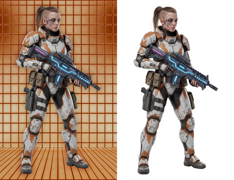 Heavy Armor Strike Shock Trooper holding Futuristic Assault Rifle, 3D Female Character Design Split View Asset with Terracotta Grid and Transparent Background