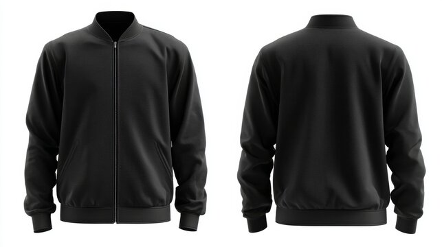 Black varsity jacket mockup front and back view isolated on white background, classic college letterman bomber jacket template for custom apparel branding, sports team uniform design, fashion presenta