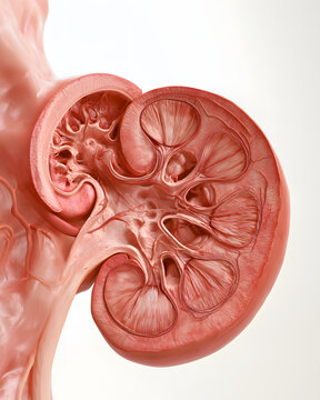 Detailed Cutaway Section of Human Kidney Showing Cortex and Medulla for Educational Use in Anatomy and Biology