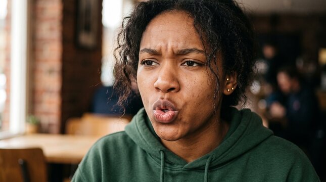 Young Black Woman Expressing Surprise or Disbelief with Puckered Lips and Furrowed Brow