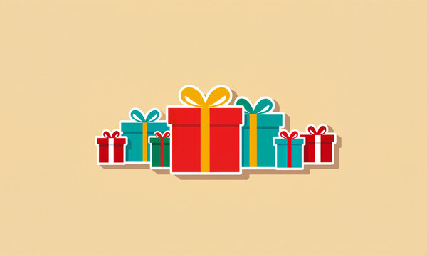 row of assorted gift boxes in red teal green with bows of various colors on beige surface