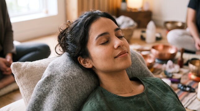 Woman experiencing sound healing with Tibetan singing bowls and crystals for relaxation and meditation