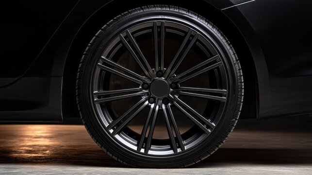 Close-up of a sleek black car wheel with detailed alloy rim design on a smooth concrete surface under soft lighting.