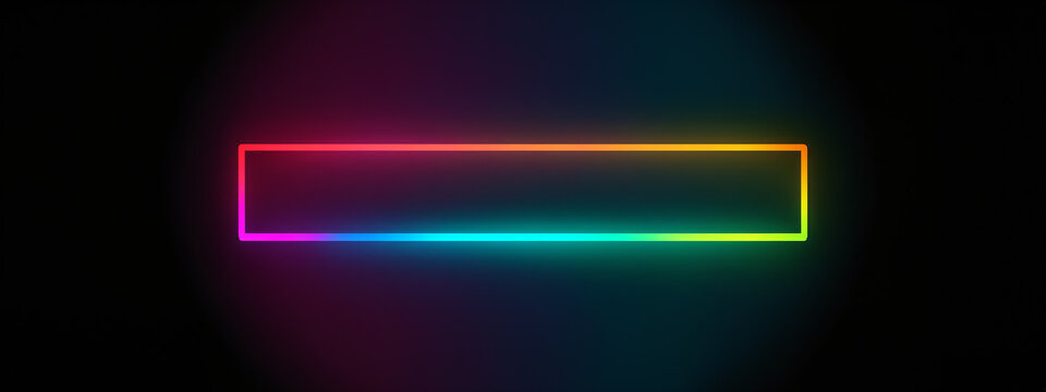 neon glowing long horizontal rectangular frame with a colorful pink cyan and green gradient on a dark background