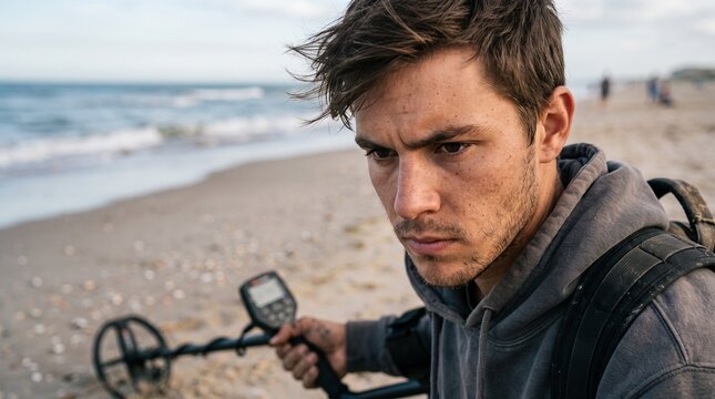 Man with metal detector on beach searching for treasure with serious expression