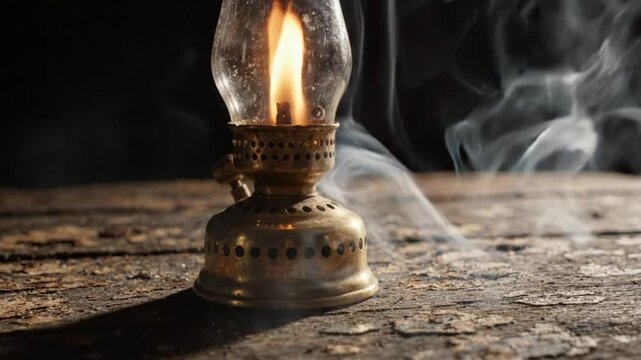 Vintage oil lamp burning with smoke on rustic wood