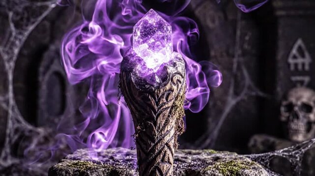 Glowing purple magic crystal staff in dark dungeon temple