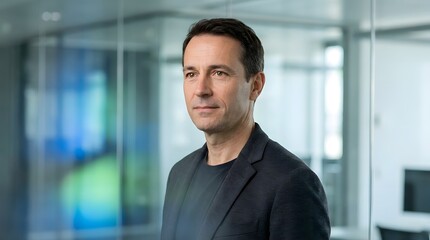 Fototapeta premium Professional middle aged businessman portrait in a modern glass office environment