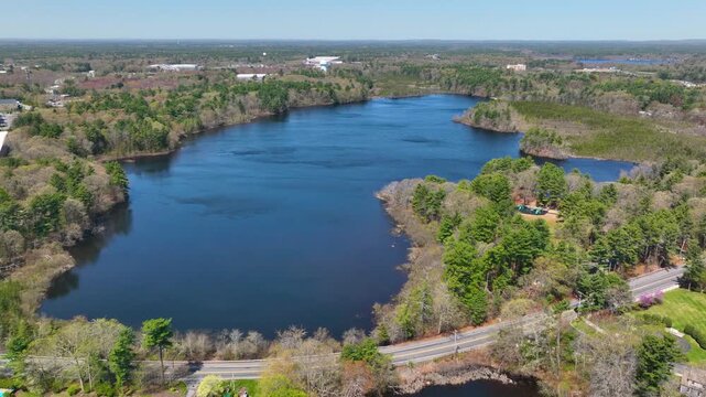 Watson Pond and Lake Sabbatia aerial view in spring in Watson Pond State Park in city of Taunton, Bristol County, Massachusetts MA, USA. 