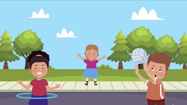 Little kids group playing outside on sidewalk at park with ball and hula hoop sports activity animation.