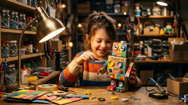 Happy Little Girl Building Homemade Robot Toy at Wooden Workbench in Workshop for Creative STEM Learning Concept