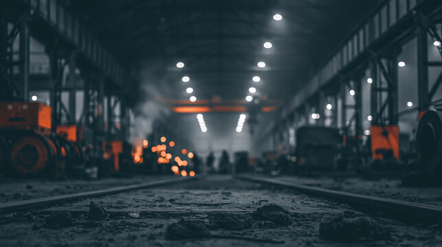 Metal fabrication floor distant spark industrial hall blurred background dark interior steel factory warehouse aisle overhead light rail track machinery workshop manufacturing metalwork welding