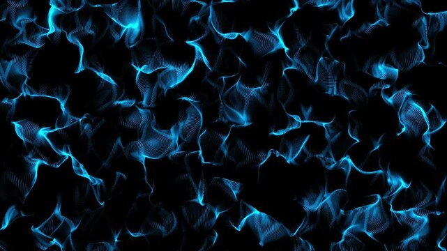 Abstract colorful digital waves formed by glowing particles flow across a dark background