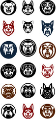 Fototapeta premium Big set of aggressive dog logos. Vector icons of angry bulldog, pit bull and shepherd faces in sports mascot style