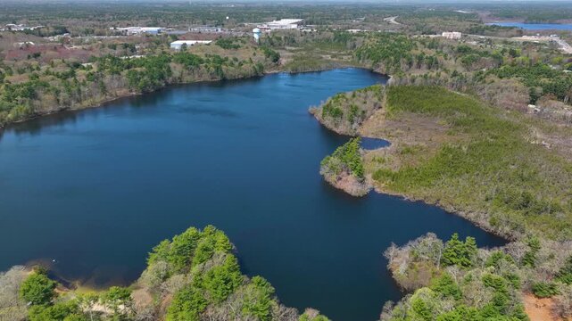 Watson Pond and Lake Sabbatia aerial view in spring in Watson Pond State Park in city of Taunton, Bristol County, Massachusetts MA, USA. 